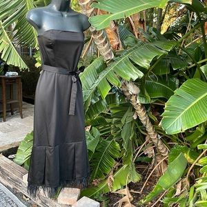 BCBG strapless midi with ostrich feather hem